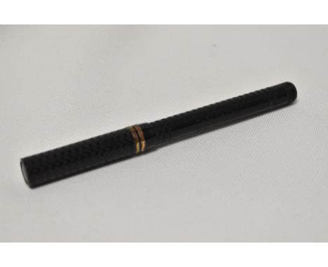 A Wyvern Felix No1 lever fill fountain pen in BHR with engine turn chevron design and two bands to the cap having gold plated