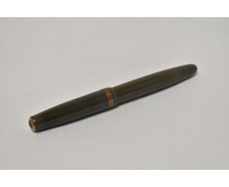 A Parker Duofold button fill fountain pen in sage green with broad decorative band to the cap having Parker 14k N nib.