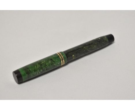 A Parker Duofold Jr button fill fountain pen in sage green with two narrow bands to the cap having Parker Duofold D nib.