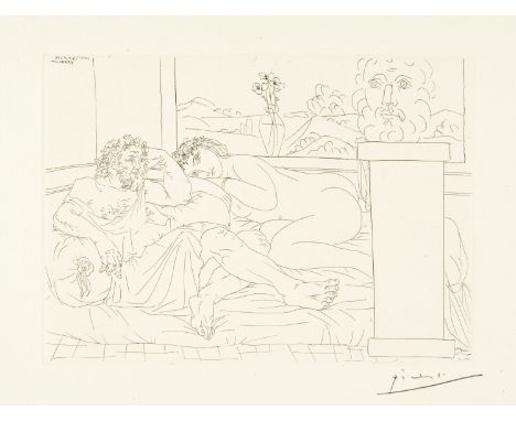 Pablo Picasso (Málaga 1881 - 1973 Mougins)Vieux sculpteur grec avec modèle, vase aux trois anémones et autoportrait sculptéBl