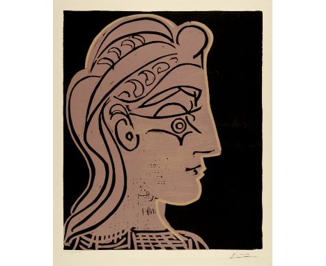 Pablo Picasso (Málaga 1881 - 1973 Mougins)Tête de femme de profilCannes, 20. Oktober 1959Farblinolschnitt auf cremefarbenem, 