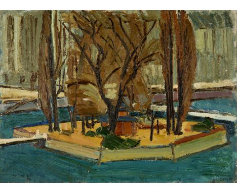 Hans Berger (Biel 1882 - 1977 Aire-la-Ville)L'île Rousseau (recto) - Obstgarten (verso)1910Öl auf Leinwand54x73 cmSignaturUnt