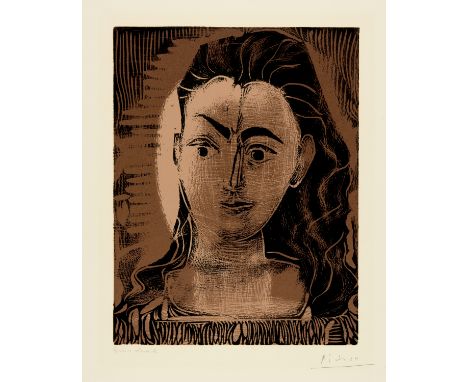 Pablo Picasso (Málaga 1881 - 1973 Mougins)Portrait de Jacqueline en robe imprimée15. Februar und 7. März 1962Farblinolschnitt