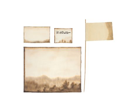 Markus Raetz (1941 Bern 2020)In etwa1976Tinte, verdünnt, und Acrylfarbe auf Baumwollstoff, Holzstab, 4-teiligDie einzelnen St