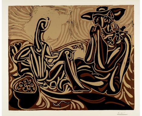 Pablo Picasso (Málaga 1881 - 1973 Mougins)Les vendangeursCannes, 3. Oktober 1959Farblinolschnitt auf cremefarbenem, festem Ve
