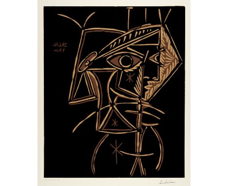 Pablo Picasso (Málaga 1881 - 1973 Mougins)Buste de femme: JacquelineCannes, 24. Juni 1959Farblinolschnitt auf cremefarbenem, 