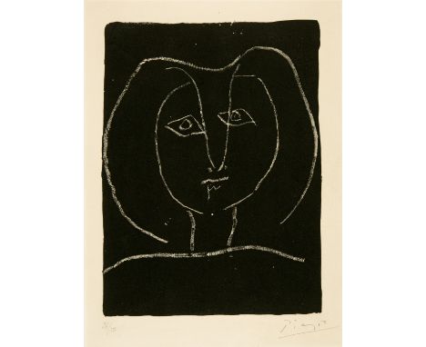 Pablo Picasso (Málaga 1881 - 1973 Mougins)Tête de femme stylisée fond noir2. November 1945Lithographie auf Velin Arches31x23 