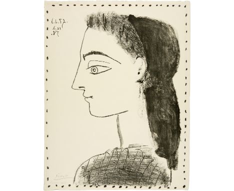 Pablo Picasso (Málaga 1881 - 1973 Mougins)Jacqueline au mouchoir noirCannes, 12. Januar 1958Lithographie auf festem Velin mit