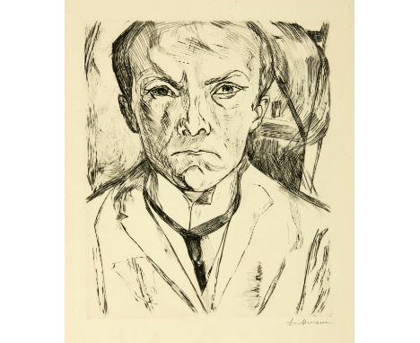 Max Beckmann (Leipzig 1884 - 1950 New York)Selbstbildnis von vorn, im Hintergrund Hausgiebel1918Kaltnadel auf feinem, cremefa