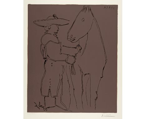 Pablo Picasso (Málaga 1881 - 1973 Mougins)Picador debout avec son chevalCannes, 23. September 1959Farblinolschnitt auf cremef