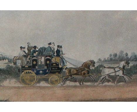 A 19th century engraving of a coach and horses titled The Liverpool Umpire, together with three fox hunting prints by H Alken