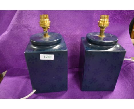 A pair of Laura Ashley square lamp bases in a green/blue glaze and floral pattern. One AF