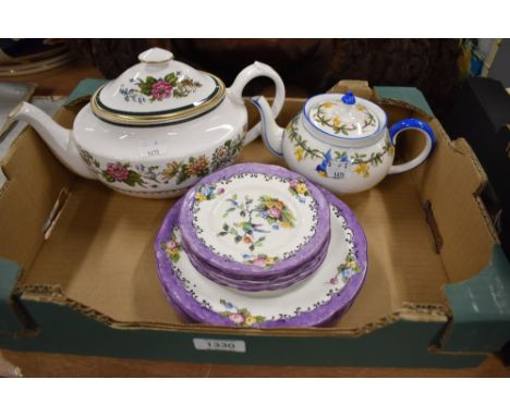 A selection of tea wares including a fine small size Aynsley no.740866 teapot and a Spode tea pot with Crown Staffordshire pl