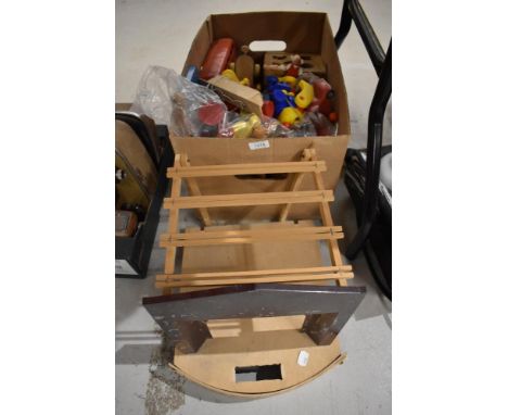 A shelf of vintage wooden and plastic Toys including Pollocks Theatre (af), Pull Along, Puzzles etc