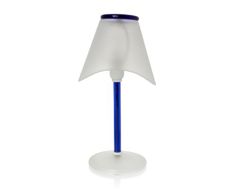 Ca' Del Gallo, Murano glass lamp, circa 1970, Blue and frosted glass, plastic, electrical fittings, Acid etched manufacturer'