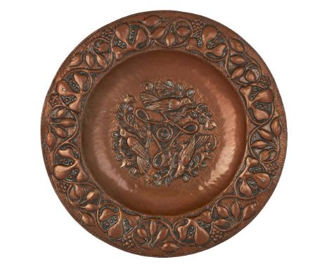 John Pearson (1859-1930), Arts and Crafts charger with birds and stylised foliage in relief, 1896, Copper, Verso incised 'J. 