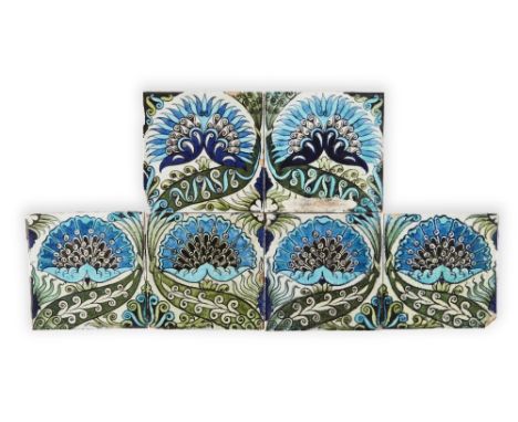 William de Morgan (1836-1912),Six tiles in the 'Mongolian' tile panel design, 1898,Glazed earthenware, Some with impressed ma
