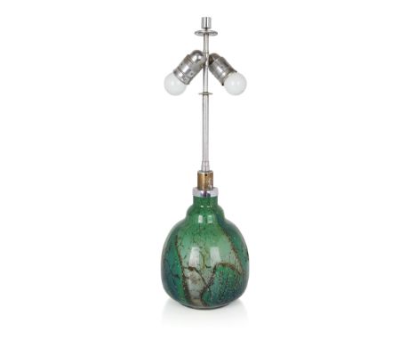 WMF (Wurttembergische Metalwarenfabrik), 'Ikora' three light table lamp with internal light, circa 1930, Green variegated gla