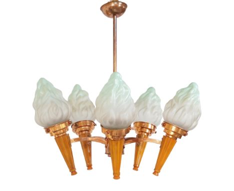 Designer Unknown, Art Deco five light ceiling light, circa 1920, Copper, Bakelite, glass, 60cm high It is the buyer's respons