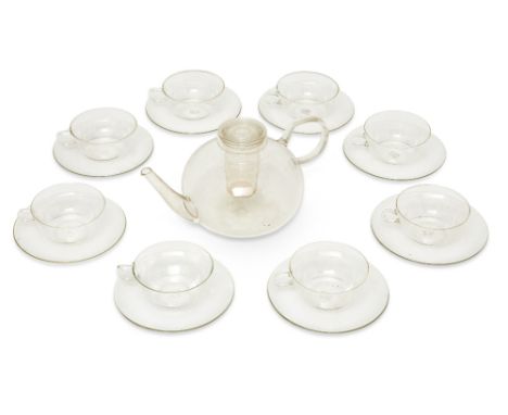 Wilhelm Wagenfeld (1900-1990) for Schott & Genossen, Jena, Tea pot with eight tea cups and saucers, originally designed circa