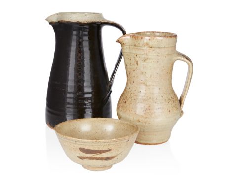 Leach Pottery group,'Z' bowl, celadon jug with brown speckles, and dark brown glaze jug with buff rim (3), mid to late 20th c