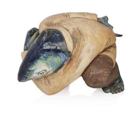 Pamela Mei Yee Leung (1962-2011), Pottery sculpture of a crouching fish in a coat, circa 1990s, Painted earthenware, Unmarked