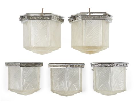 Hettier and Vincent, Suite of Art Deco light fittings, circa 1930, Frosted glass, chromium mounts, Ceiling lights moulded mar