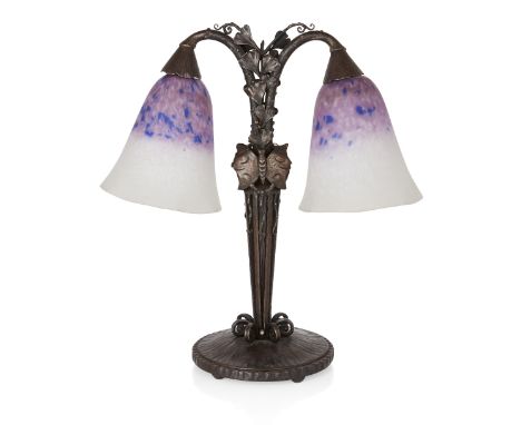 Schneider, Art Deco twin branch moths and gingko leaves table lamp, circa 1930, Mottled coloured glass and patinated wrought-