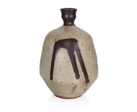 Janet Leach (1918-1997), Large vase in mottled buff glaze with brown glaze neck and slip motifs, circa 1975, Glazed stoneware