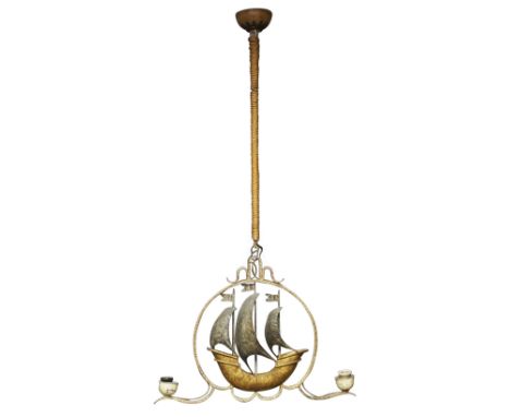 Designer Unknown, French two light ceiling light, circa 1950, Iron, patinated metal, rope, electrical fittings, 112cm high It