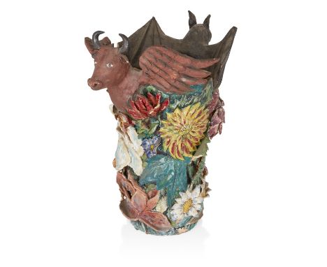 Pamela Mei Yee Leung (1962-2011), Pottery planter modelled as a winged bull and a bat, with applied flowers to the pedestal, 