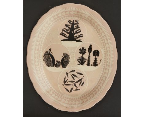 Scottie Wilson (1891-1972),'The Garden of Nature' oval pink ground plate, circa 1960, Enamel on earthenware,Signed 'SCOTTIE' 