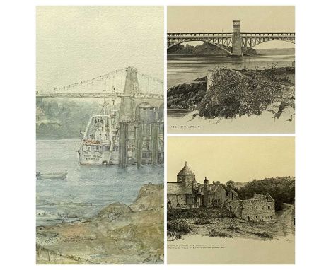 PAINTINGS &amp; PRINTS - J R A SCOTNEY pencil sketches of Penmon Priory and Britannia Bridge, approximately 28 x 50cms and AU