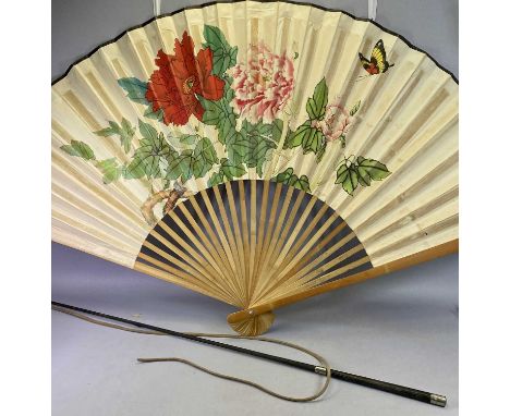 LEATHER HORSE CARRIAGE WHIP - with white metal mounts, and a large floral and butterfly decorated Oriental fan, 153cms L, 90 