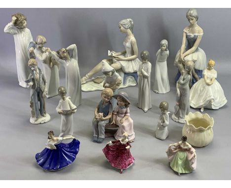 COLLECTION OF FOURTEEN NAO / SPANISH CHINA FIGURES, the tallest 29cms, four Royal Doulton figures, and a Belleek bowl, 6cms d