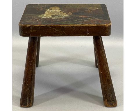 FOLK ART - VINTAGE PINE FOUR LEGGED STOOL, seat with a naive painting of a young child, 24 x 17cms.
