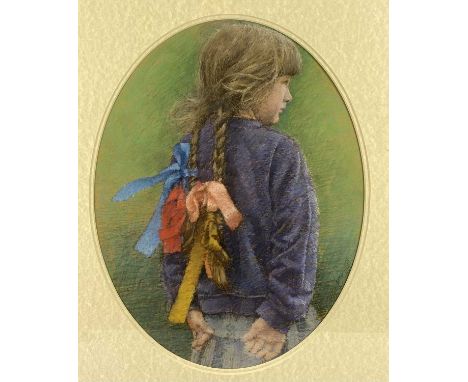 KEITH BOWEN (British 1950 - ) OVAL PASTEL, THREE QUARTER LENGTH PORTRAIT of a young girl with ribbons in her hair, signed low