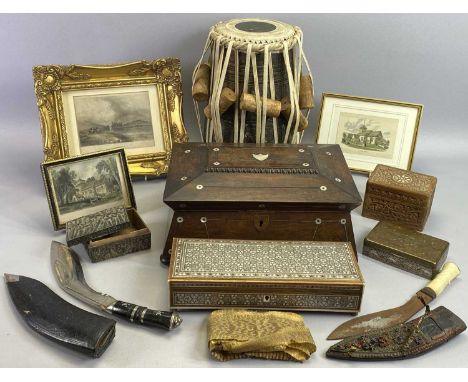 VICTORIAN ROSEWOOD TRINKET BOX with mother of pearl inlay, 34cms W, bongo drum, 33cms H, two Gurkha kukri knives and various 