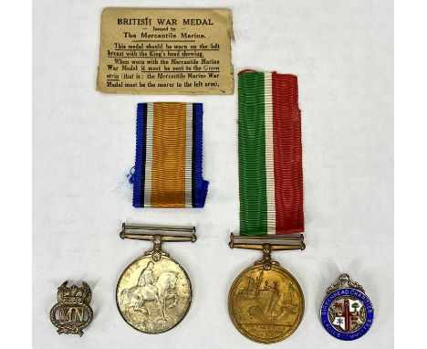 WW1- MERCANTILE MARINE MEDAL PAIR - awarded to Francis D Anderson, silver and enamel badge for Birkenhead Charities Ladies Co