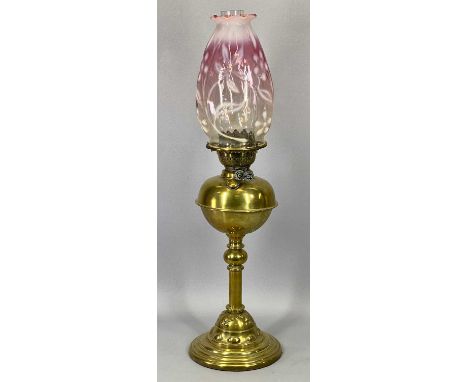 ART NOUVEAU BRASS OIL LAMP - with Cranberry and Vaseline glass shade, 66cms overall H