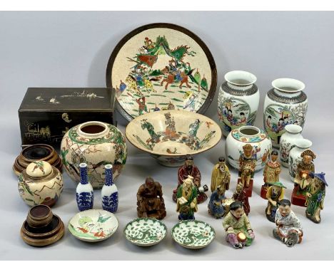 VARIOUS MODERN CHINESE VASES, BOWLS, FIGURES, mother of pearl inlaid trinket box, ETC