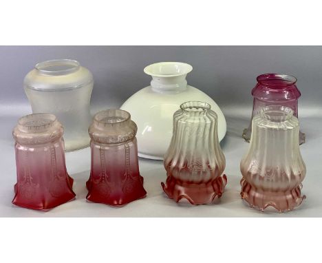 OIL LAMP SHADES - pair of pink / clear etched glass shades, 15cms high, 6.5cms diameter at base, three other similar shades, 