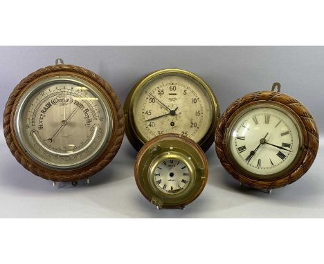 COMPENSATED ANEROID BAROMETER IN ROPE CARVED OAK CASE, H. Hughes, London, 29cms dia., Smiths Astral brass cased ship's bulkhe