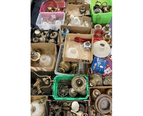 OIL LAMPS - large and interesting collection of oil lamp reservoirs, shades, bases and other parts.