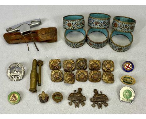 TRENCH ART LIGHTER, military badges and buttons and other metalware collectables including Boy Scout and other badges, set of