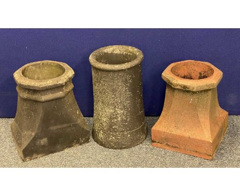 VINTAGE CHIMNEY POTS (3) - one cylindrical, 45.5cms H, the other two having octagonal tops on square bases including one in t