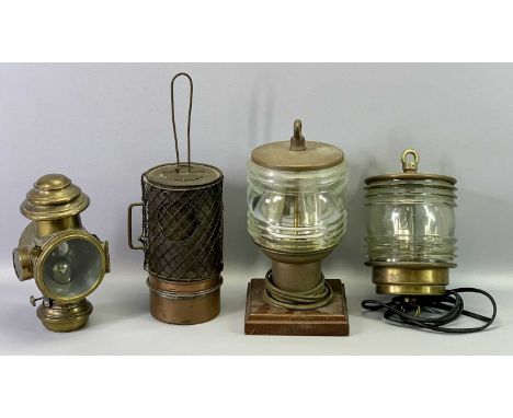 TWO VINTAGE BRASS SHIP'S LAMPS with prismatic lenses, and a vintage Lucidus brass cased carbine lamp.