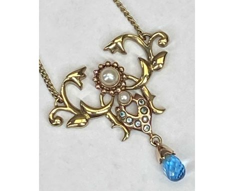CLOGAU 9CT GOLD VICTORIAN STYLE SEED PEARL PENDANT NECKLACE - 24.5cms overall L, 32 x 30mm the pendant, 7.4grms gross, in ori