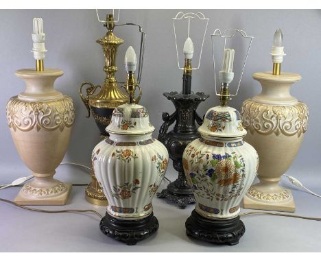 FLORAL DECORATED CERAMIC TABLE LAMPS, A PAIR - in baluster form on hardwood plinths, 44cms H excluding fittings, moulded plas