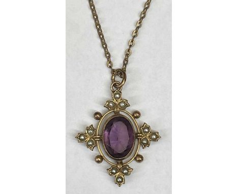 VINTAGE AMETHYST &amp; SEED PEARL GILT METAL PENDANT - on curb link necklace, 25cms overall L, 33mm x 27mm the pendant